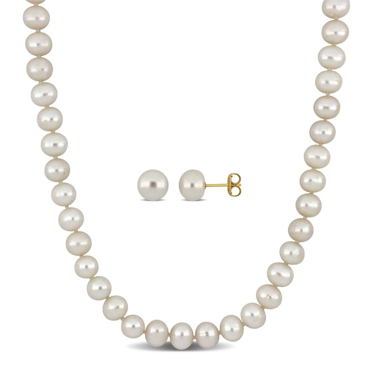 2-Piece Set of 18" 7-7.5mm Freshwater Cultured Pearl Necklace with 10K Yellow Gold Fisheye Clasp & 10K Yellow Gold 7.5-8mm White Freshwater Cultured Button Pearl Earrings