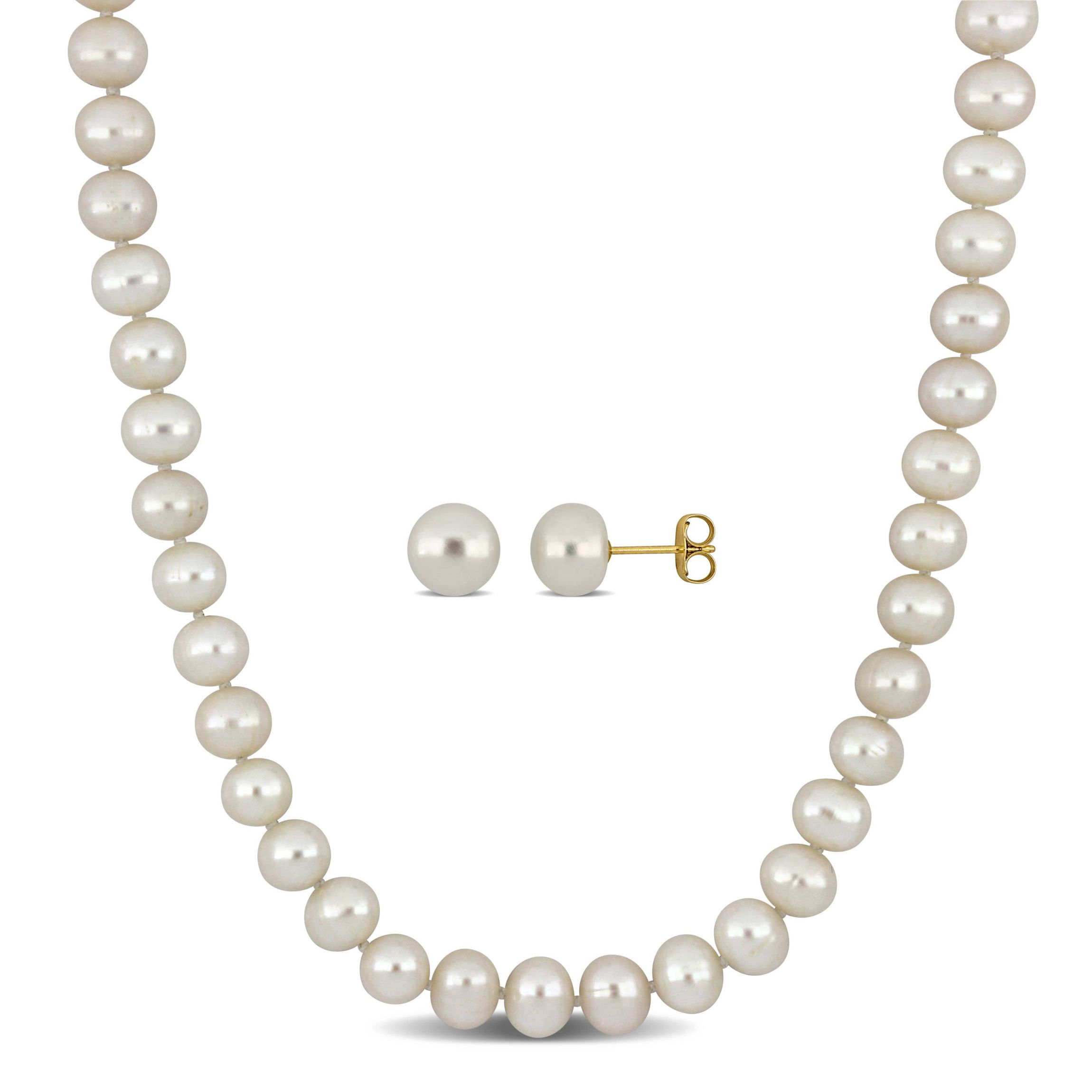 2-Piece Set of 18" 7-7.5mm Freshwater Cultured Pearl Necklace with 10K Yellow Gold Fisheye Clasp & 10K Yellow Gold 7.5-8mm White Freshwater Cultured Button Pearl Earrings