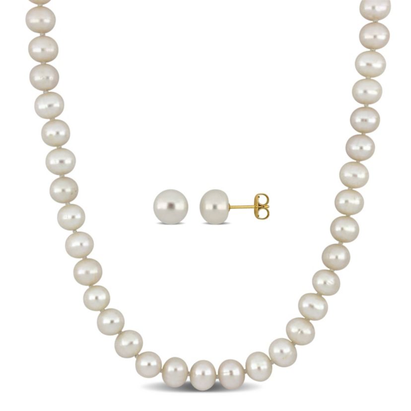2-Piece Set of 18" 7-7.5mm Freshwater Cultured Pearl Necklace with 10K Yellow Gold Fisheye Clasp & 10K Yellow Gold 7.5-8mm White Freshwater Cultured Button Pearl Earrings