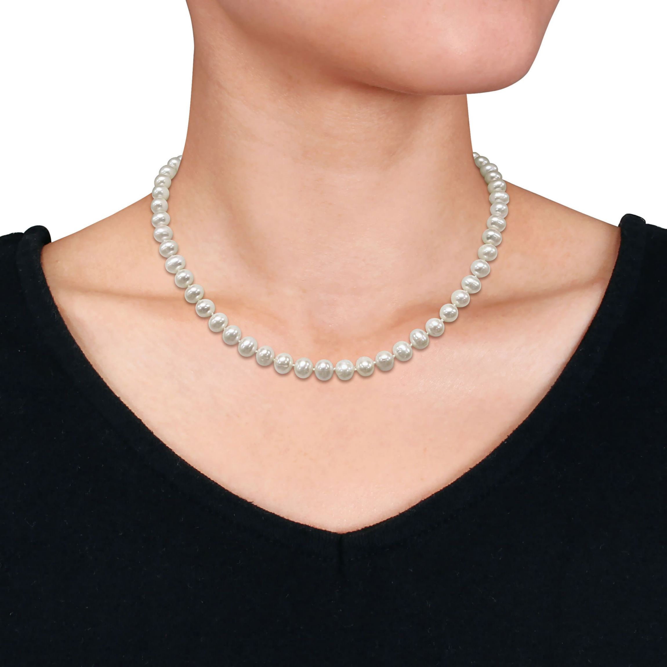 2-Piece Set of 18" 7-7.5mm Freshwater Cultured Pearl Necklace with 10K Yellow Gold Fisheye Clasp & 10K Yellow Gold 7.5-8mm White Freshwater Cultured Button Pearl Earrings