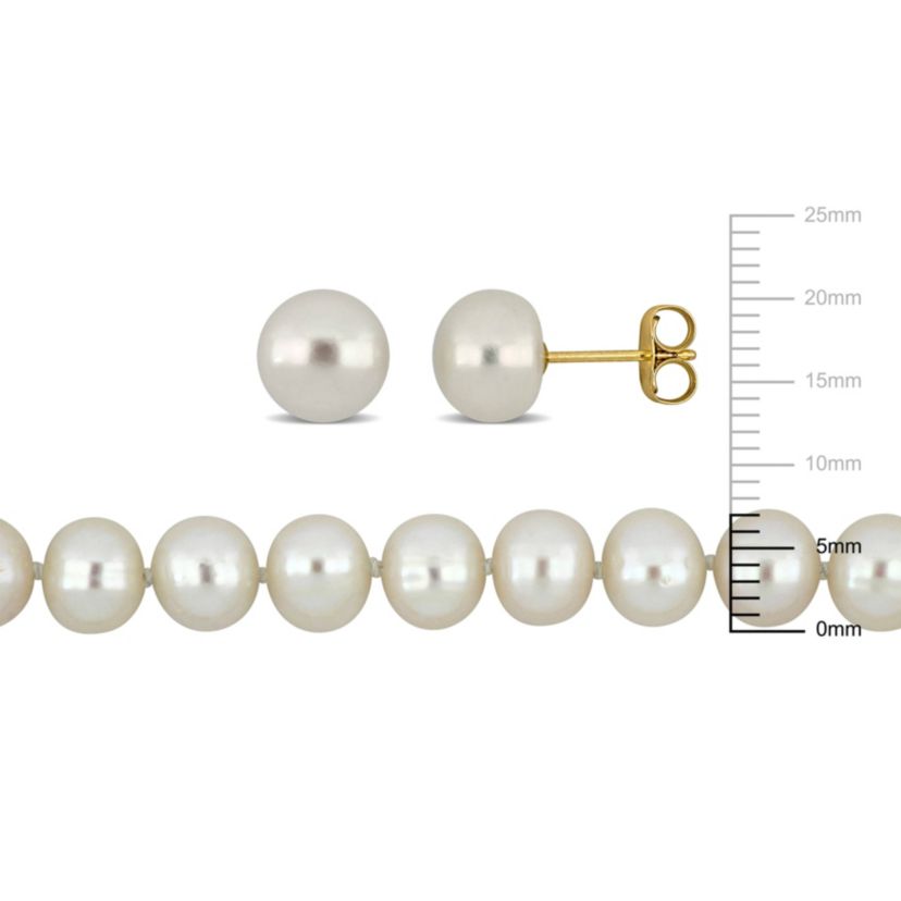 2-Piece Set of 18" 7-7.5mm Freshwater Cultured Pearl Necklace with 10K Yellow Gold Fisheye Clasp & 10K Yellow Gold 7.5-8mm White Freshwater Cultured Button Pearl Earrings