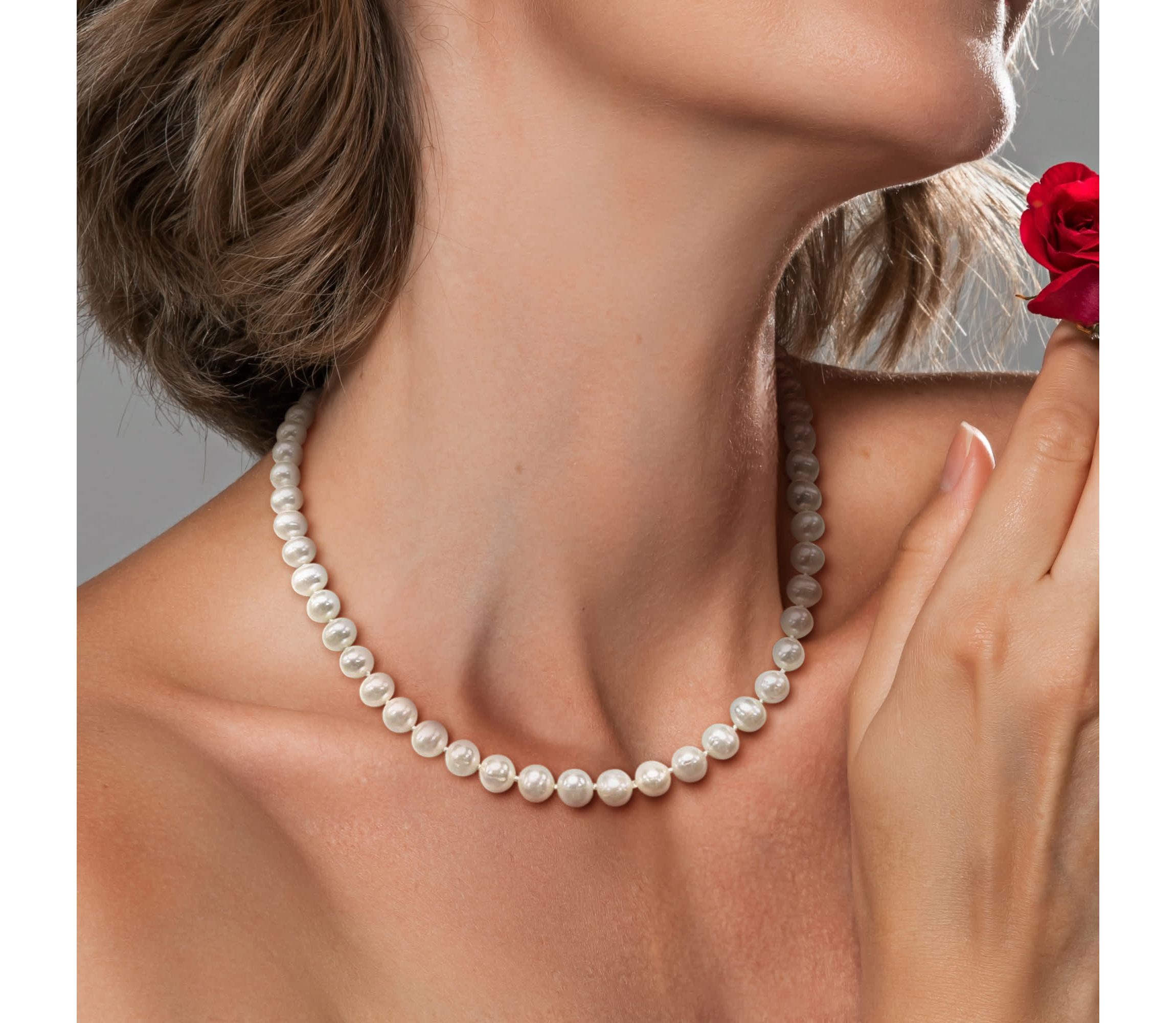 2-Piece Set of 18" 7-7.5mm Freshwater Cultured Pearl Necklace with 10K Yellow Gold Fisheye Clasp & 10K Yellow Gold 7.5-8mm White Freshwater Cultured Button Pearl Earrings