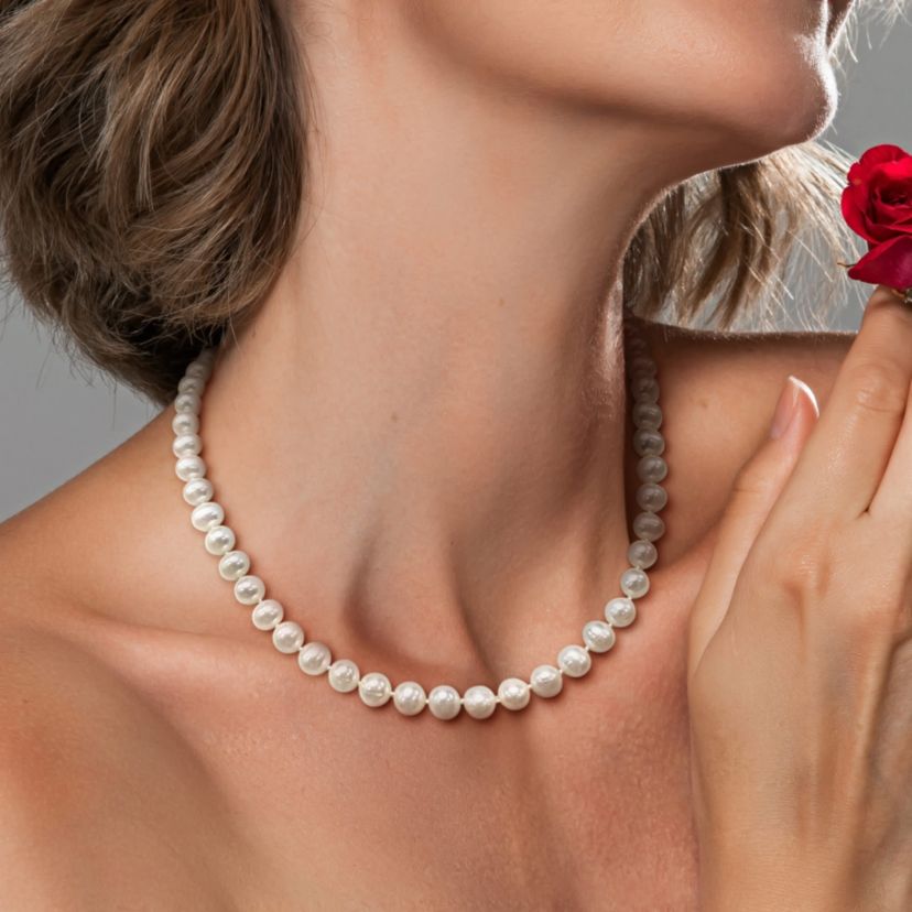 2-Piece Set of 18" 7-7.5mm Freshwater Cultured Pearl Necklace with 10K Yellow Gold Fisheye Clasp & 10K Yellow Gold 7.5-8mm White Freshwater Cultured Button Pearl Earrings