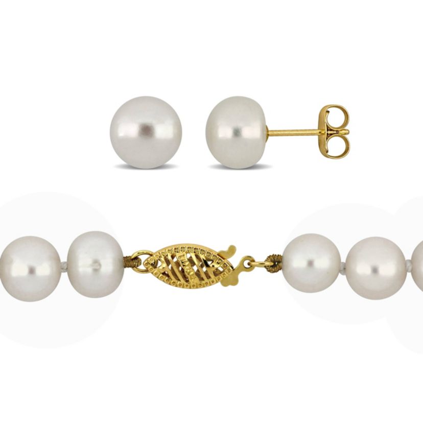 2-Piece Set of 18" 7-7.5mm Freshwater Cultured Pearl Necklace with 10K Yellow Gold Fisheye Clasp & 10K Yellow Gold 7.5-8mm White Freshwater Cultured Button Pearl Earrings
