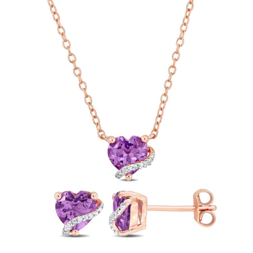2-Pc Set of Amethyst & Diamond Accent Heart Stud Earrings & Swirl Pendant in Rose Plated Sterling Silver