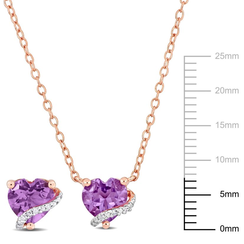 2-Pc Set of Amethyst & Diamond Accent Heart Stud Earrings & Swirl Pendant in Rose Plated Sterling Silver