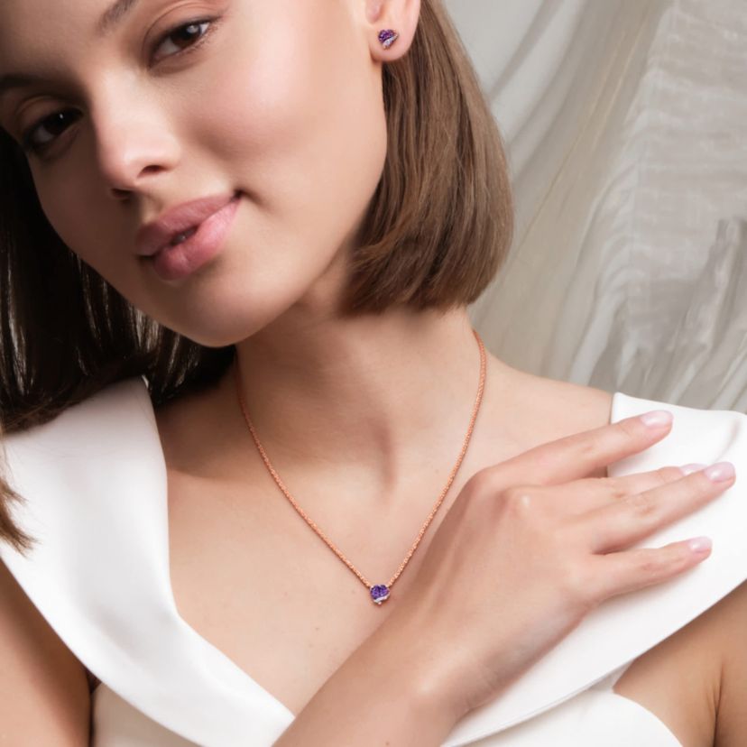 2-Pc Set of Amethyst & Diamond Accent Heart Stud Earrings & Swirl Pendant in Rose Plated Sterling Silver