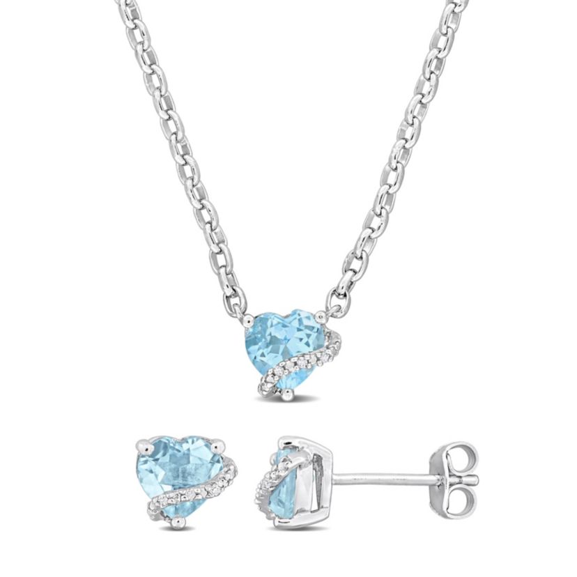 2-Pc Set of Sky Blue Topaz & Diamond Accent Heart Stud Earrings & Swirl Pendant in Sterling Silver