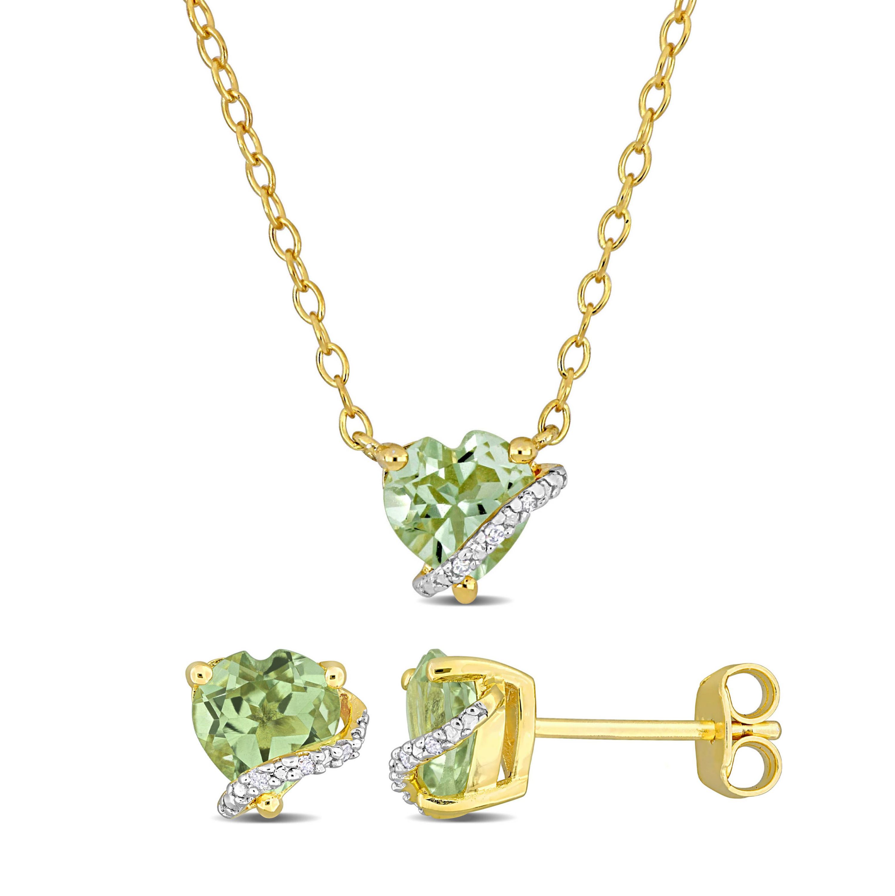 2-Pc Set of Green Quartz & Diamond Accent Heart Stud Earrings & Swirl Pendant in Yellow Plated Sterling Silver