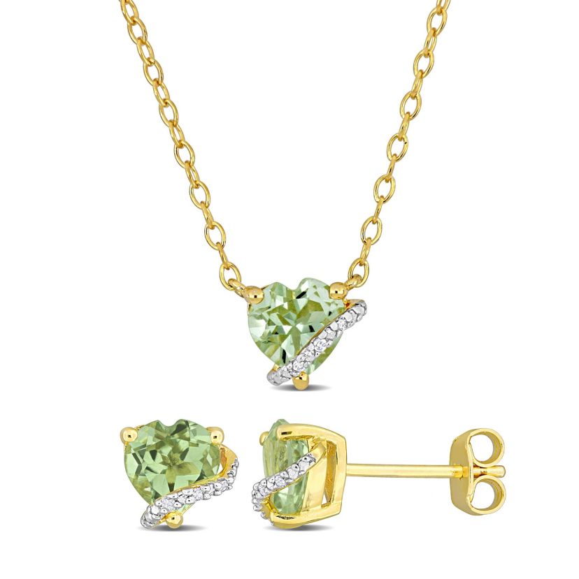 2-Pc Set of Green Quartz & Diamond Accent Heart Stud Earrings & Swirl Pendant in Yellow Plated Sterling Silver