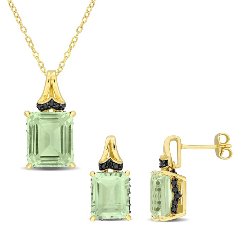 2-Pc Set of Green Quartz & Black Sapphire Earrings & Pendant in Yellow Plated Sterling Silver