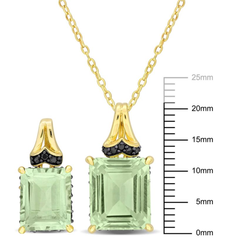 2-Pc Set of Green Quartz & Black Sapphire Earrings & Pendant in Yellow Plated Sterling Silver