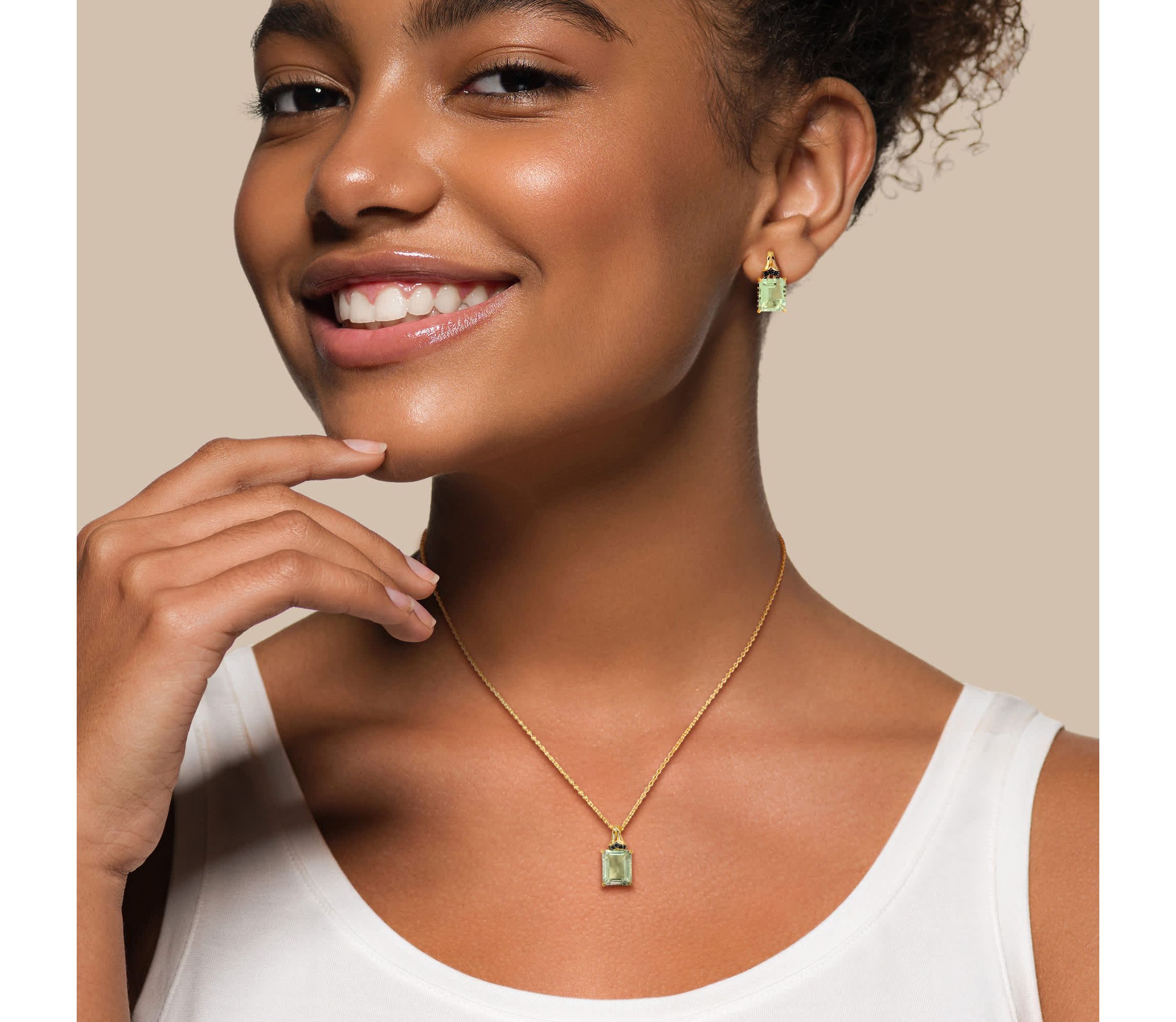 2-Pc Set of Green Quartz & Black Sapphire Earrings & Pendant in Yellow Plated Sterling Silver