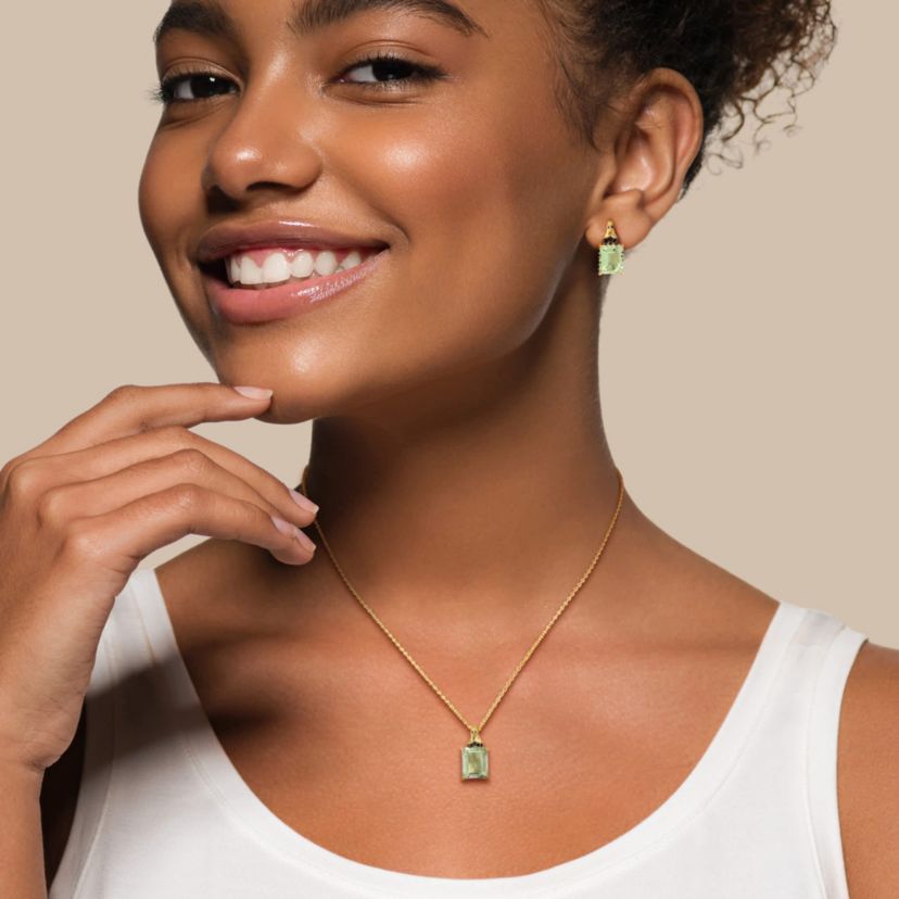 2-Pc Set of Green Quartz & Black Sapphire Earrings & Pendant in Yellow Plated Sterling Silver