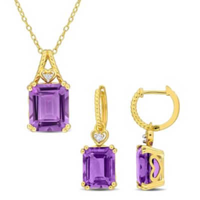 Belk & Co 2-Pc Set of Amethyst & White Topaz Heart Earrings & Pendant in Yellow Plated Sterling Silver