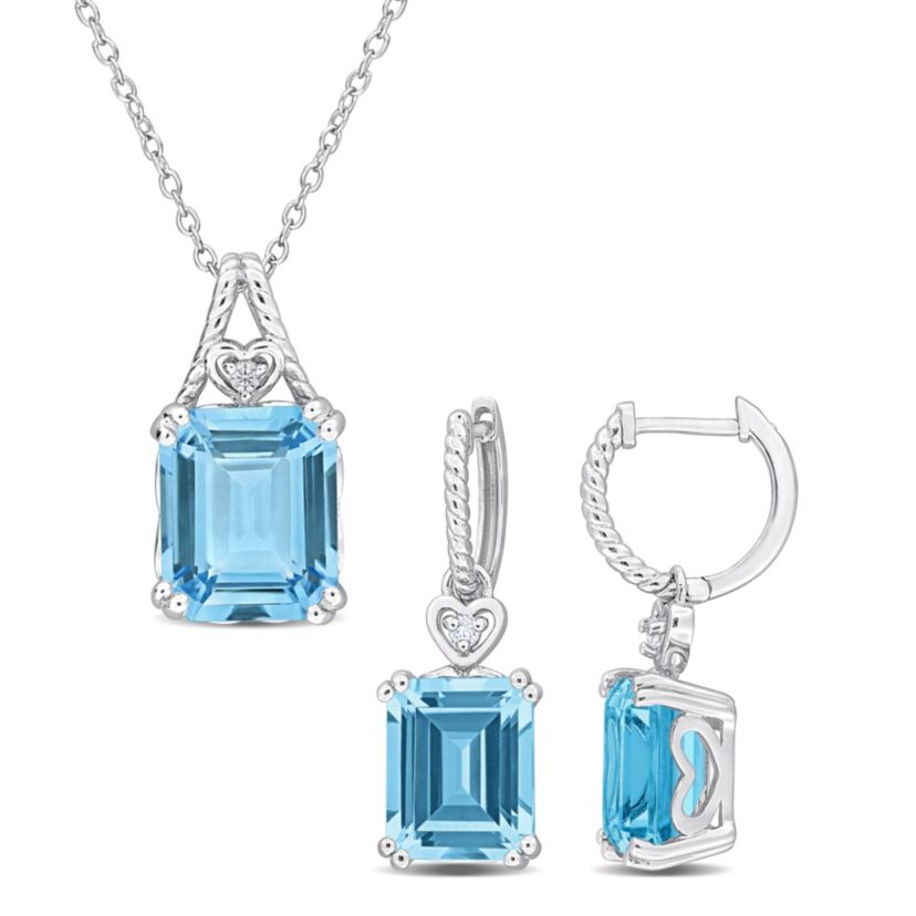 2-Pc Set of Sky Blue & White Topaz Heart Earrings & Pendant in Sterling Silver