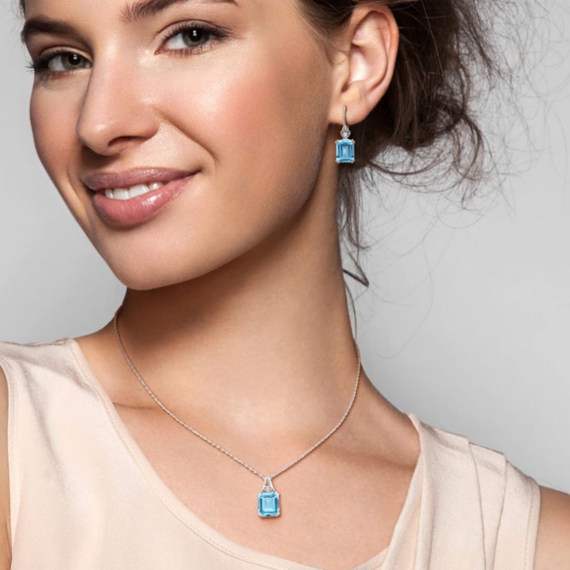 2-Pc Set of Sky Blue & White Topaz Heart Earrings & Pendant in Sterling Silver