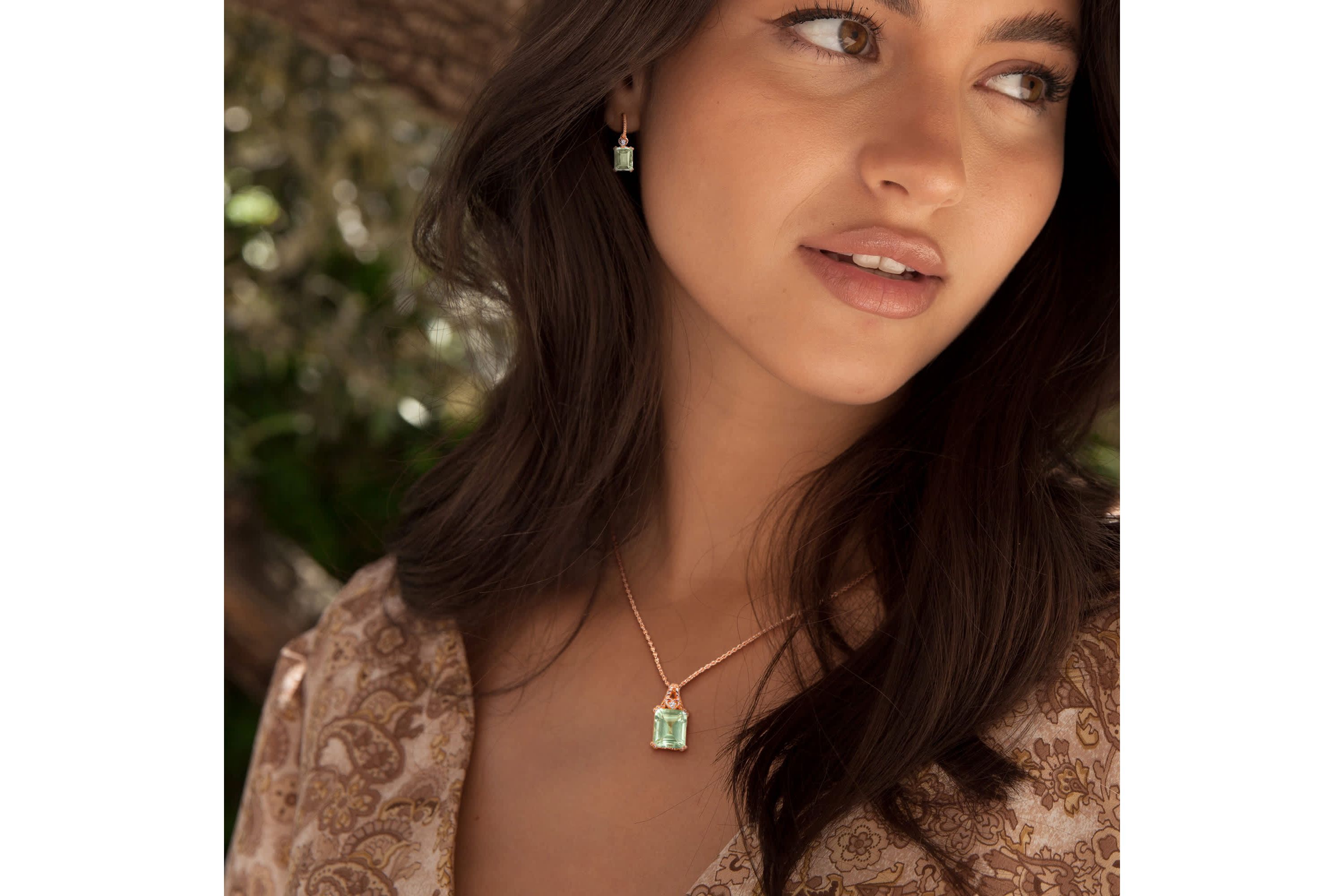 2-Pc Set of Green Quartz & White Topaz Heart Earrings & Pendant in Rose Plated Sterling Silver