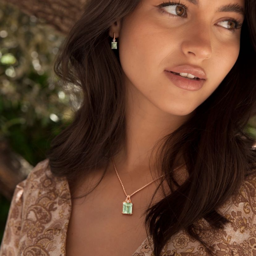 2-Pc Set of Green Quartz & White Topaz Heart Earrings & Pendant in Rose Plated Sterling Silver