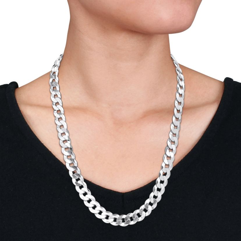 11mm Diamond Cut Curb Bevelled Necklace in Sterling Silver