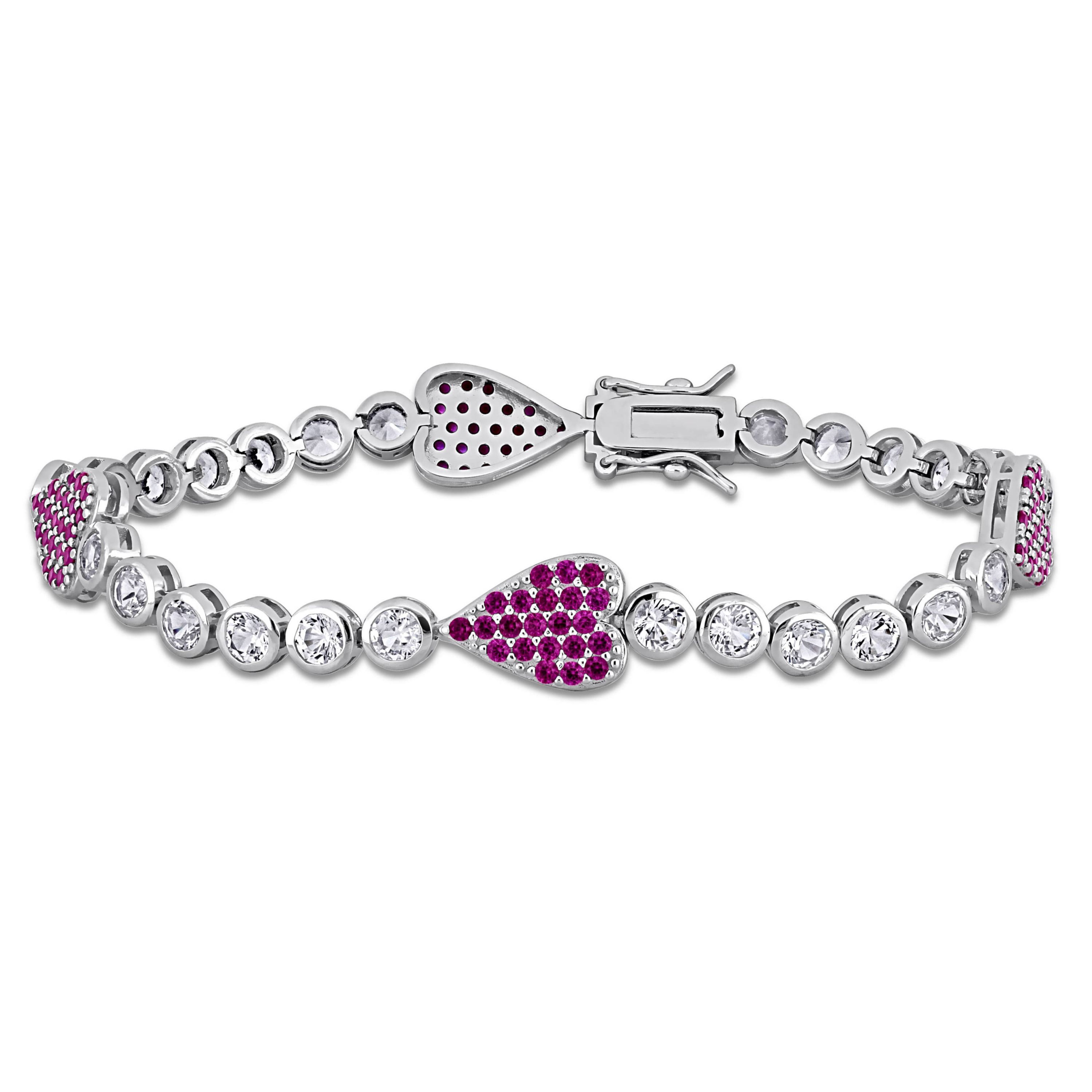 Lab Created Created Ruby & Created White Sapphire Heart Bracelet in Sterling Silver