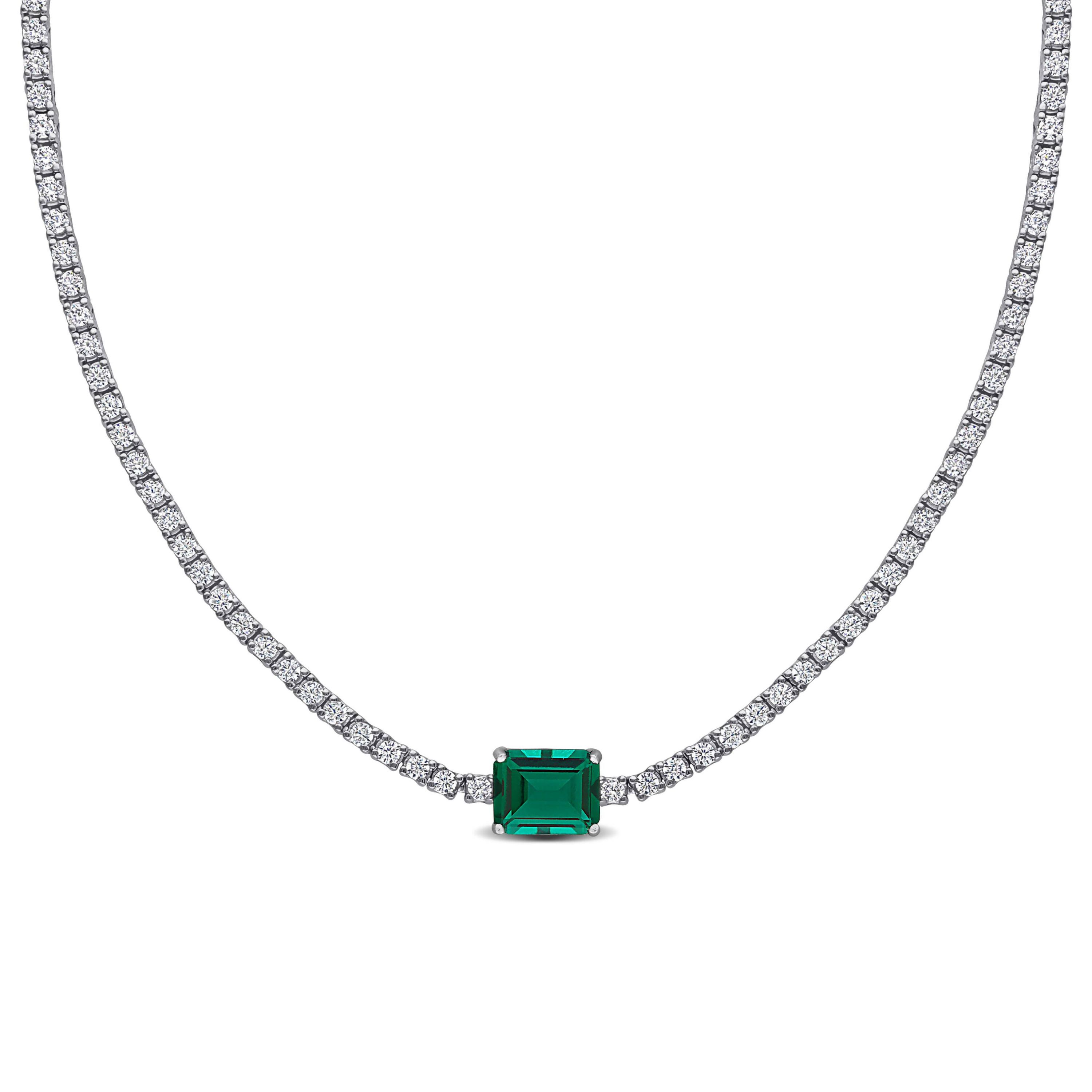 Lab Created Created Emerald & Created White Sapphire Solitaire Necklace in Sterling Silver