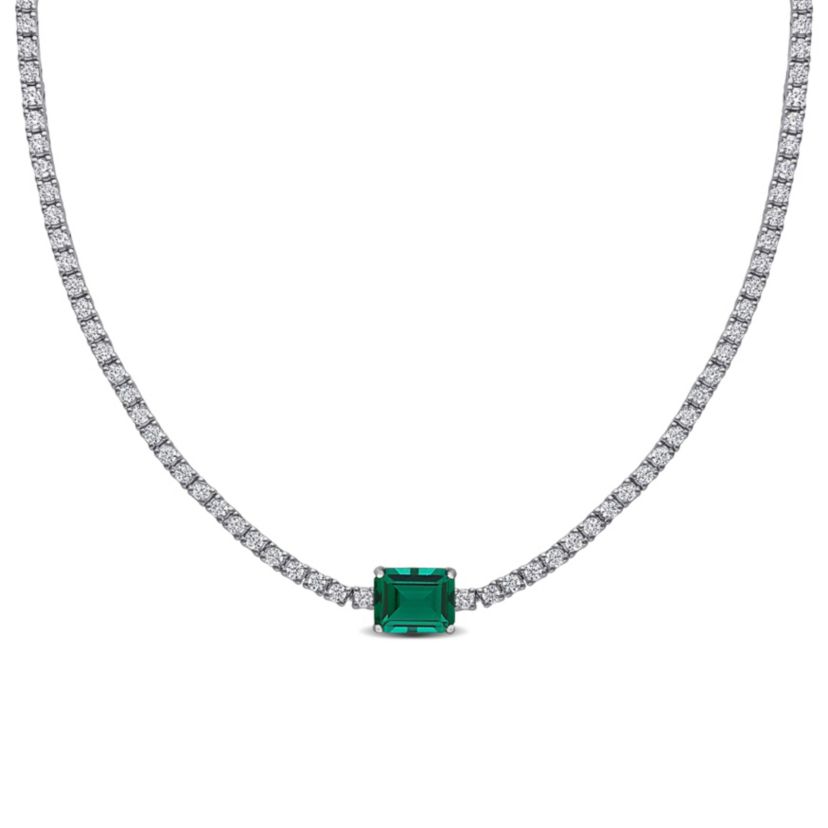 Lab Created Created Emerald & Created White Sapphire Solitaire Necklace in Sterling Silver