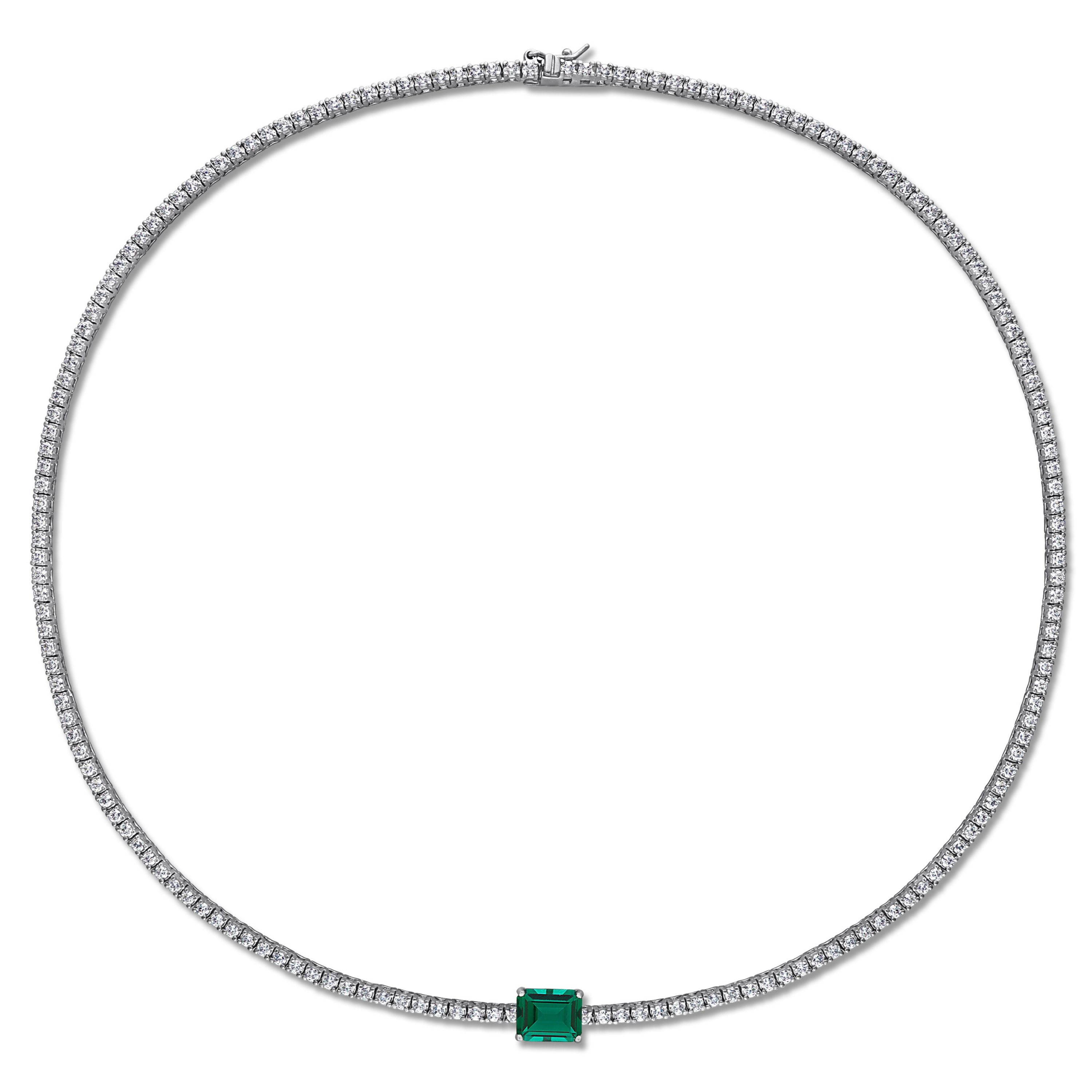 Lab Created Created Emerald & Created White Sapphire Solitaire Necklace in Sterling Silver