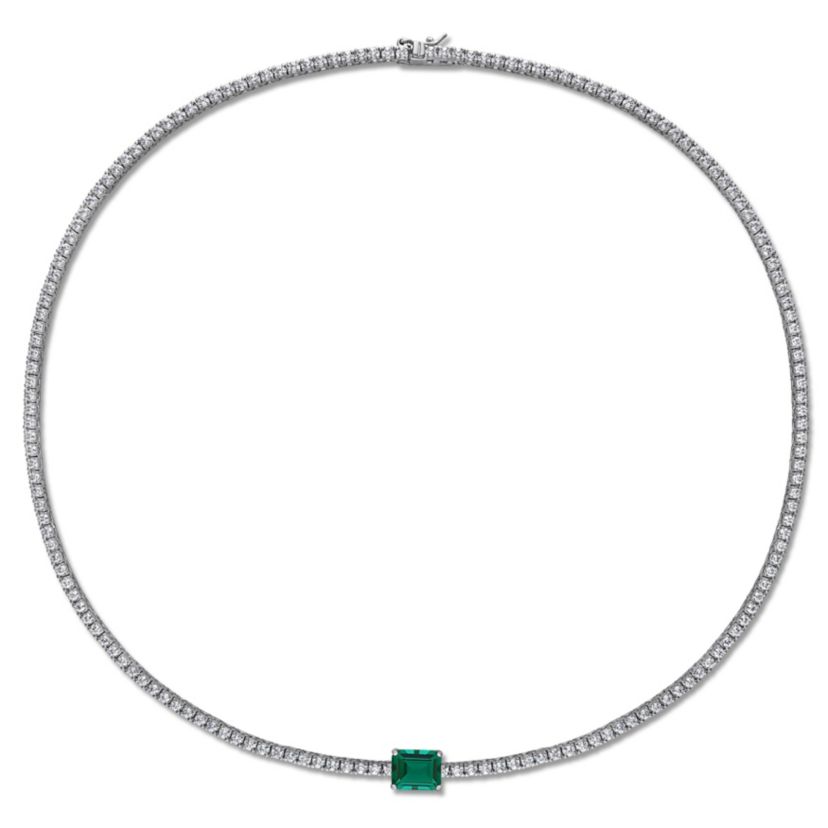 Lab Created Created Emerald & Created White Sapphire Solitaire Necklace in Sterling Silver