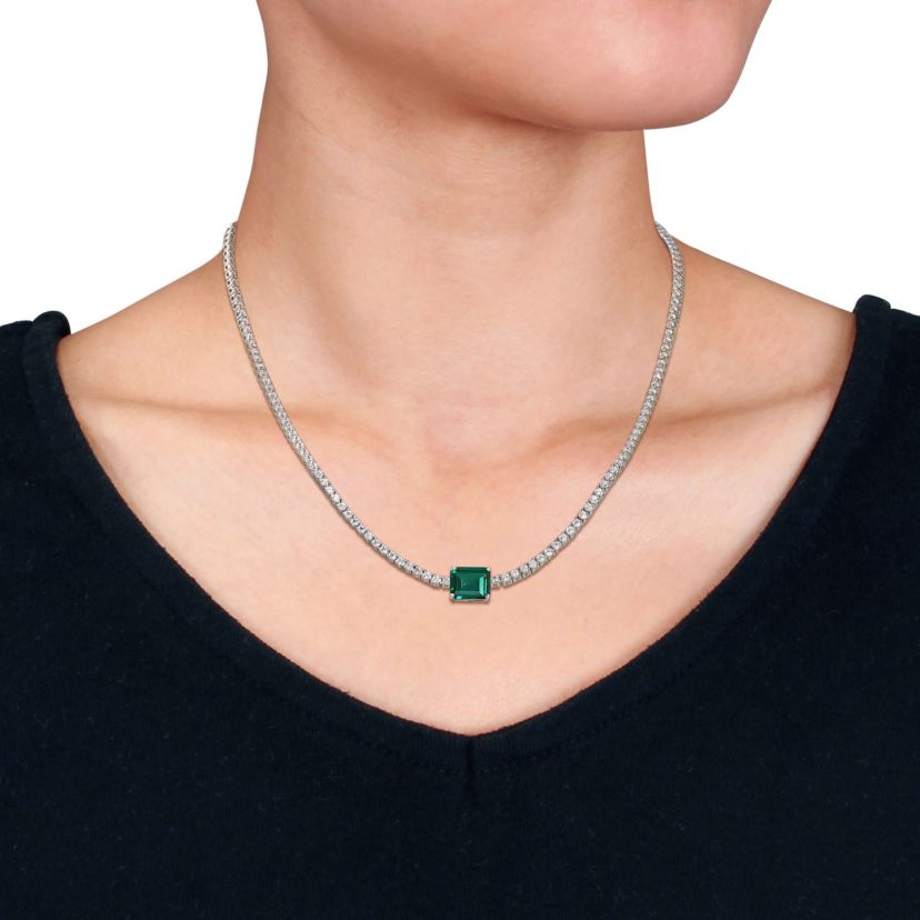 Lab Created Created Emerald & Created White Sapphire Solitaire Necklace in Sterling Silver