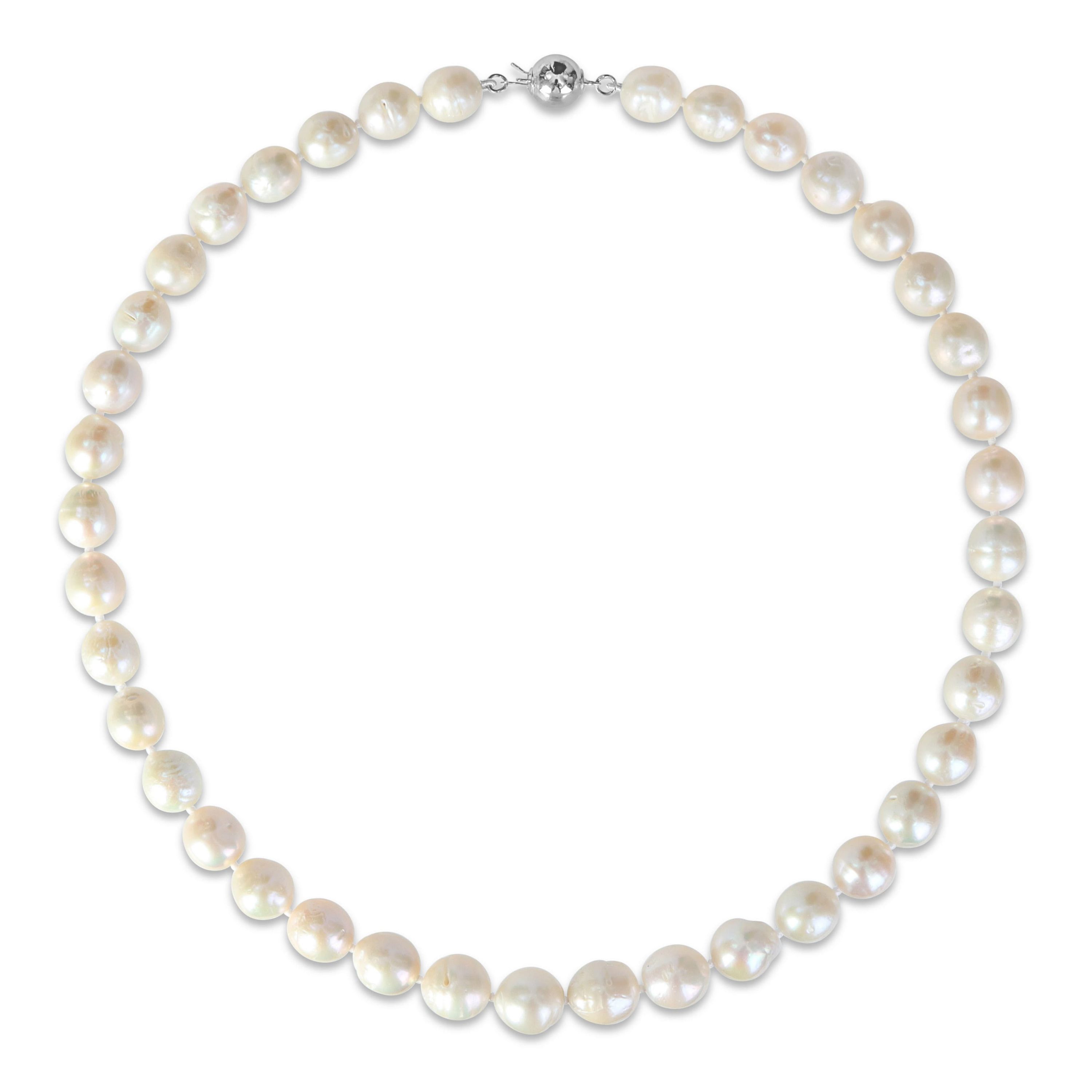 9-11mm Cultured Freshwater Edison Pearl Necklace with Ball Clasp in Goldtone Brass