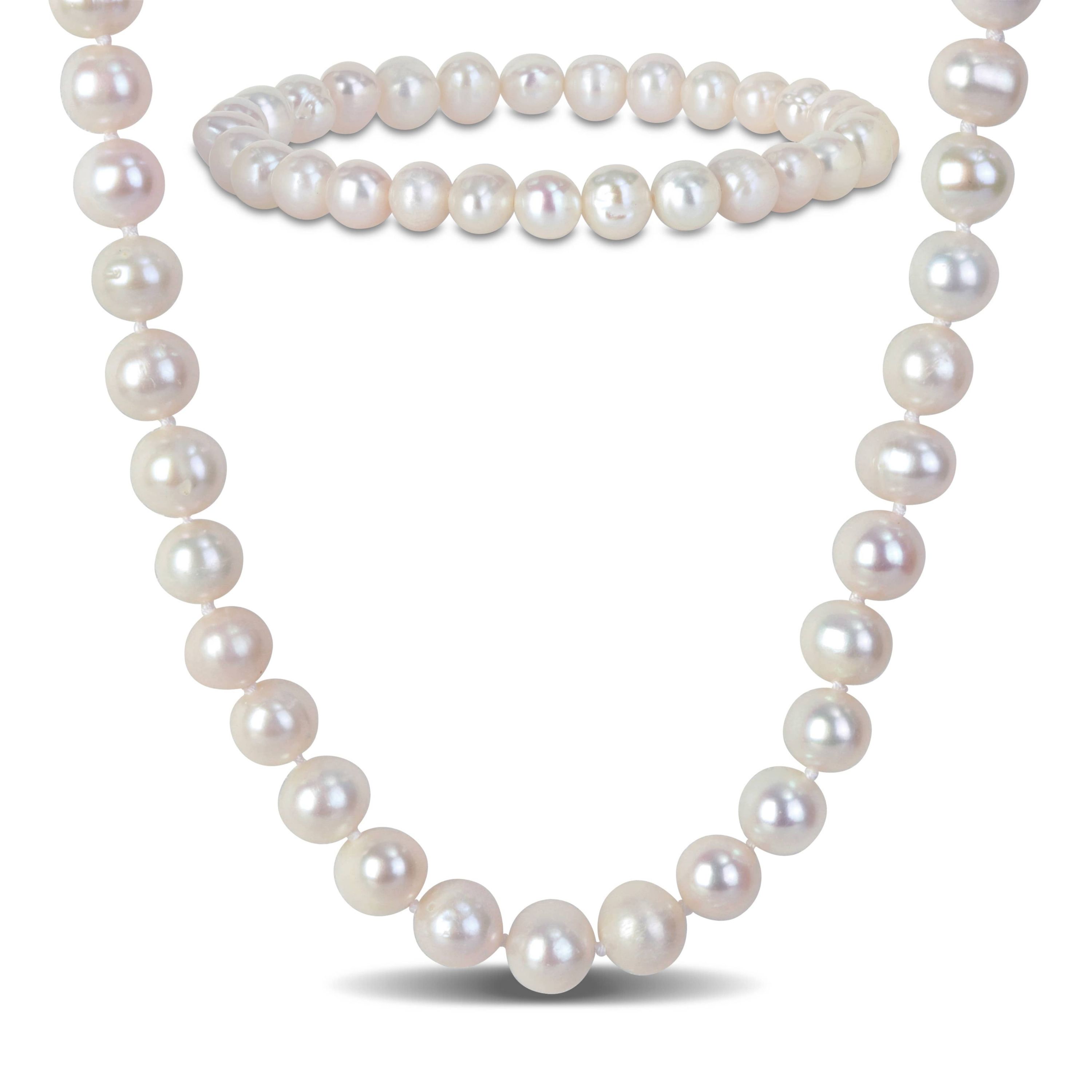 7-8mm Freshwater Cultured Pearl Necklace & Elastic Bracelet Set with Brass Ball Clasp