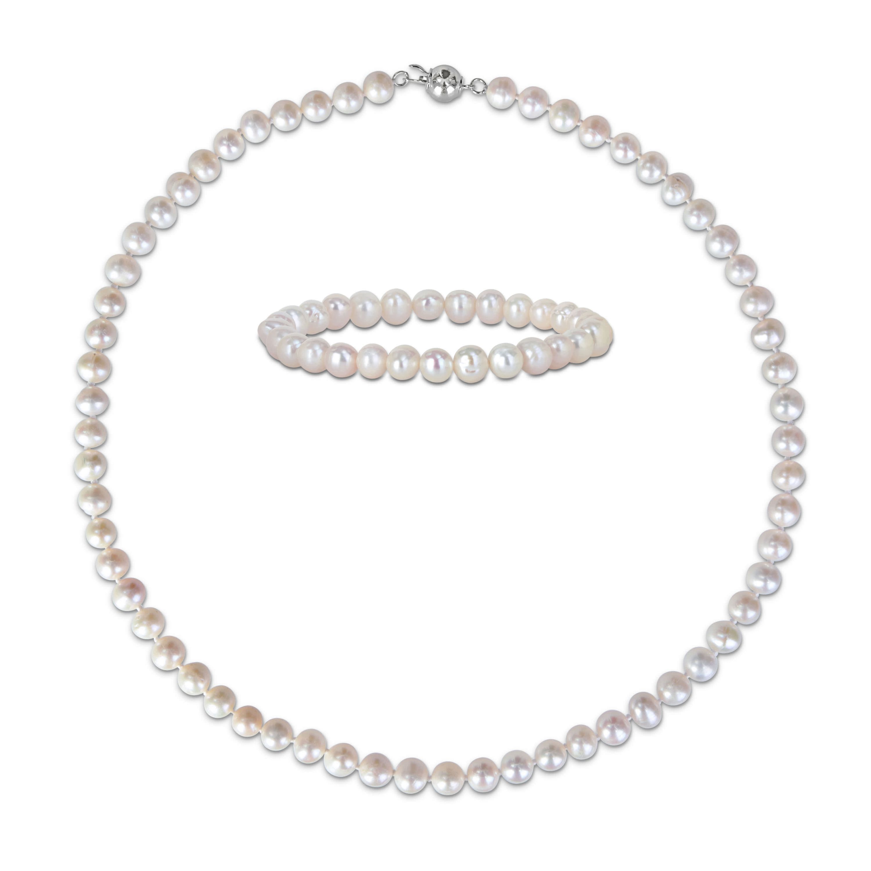 7-8mm Freshwater Cultured Pearl Necklace & Elastic Bracelet Set with Brass Ball Clasp