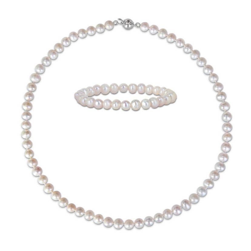 7-8mm Freshwater Cultured Pearl Necklace & Elastic Bracelet Set with Brass Ball Clasp