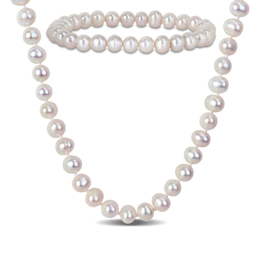 6-7mm Freshwater Cultured Pearl Necklace & Elastic Bracelet Set with Brass Ball Clasp