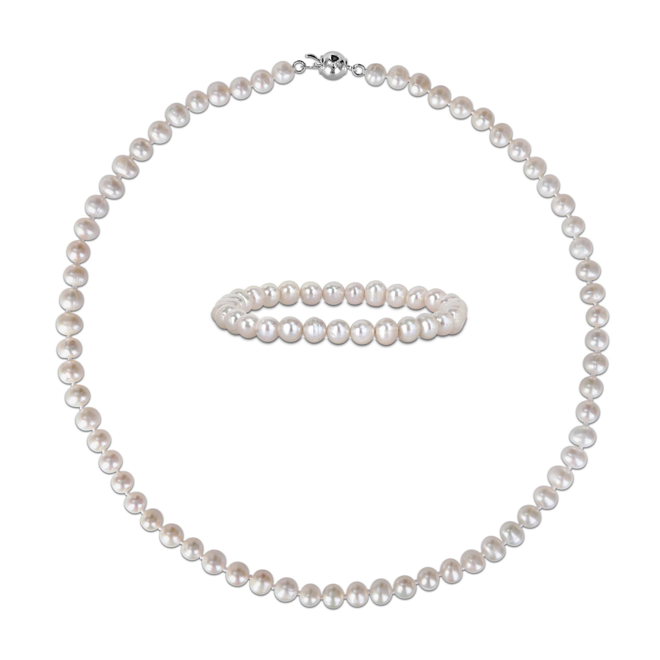 6-7mm Freshwater Cultured Pearl Necklace & Elastic Bracelet Set with Brass Ball Clasp