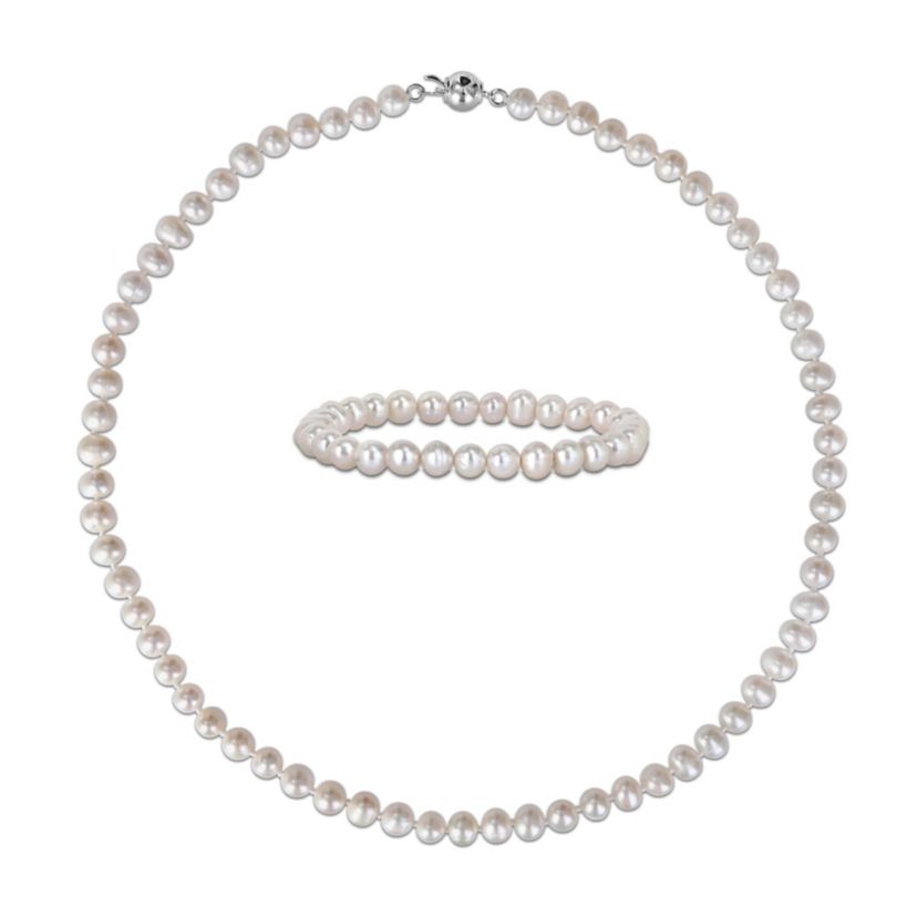 6-7mm Freshwater Cultured Pearl Necklace & Elastic Bracelet Set with Brass Ball Clasp