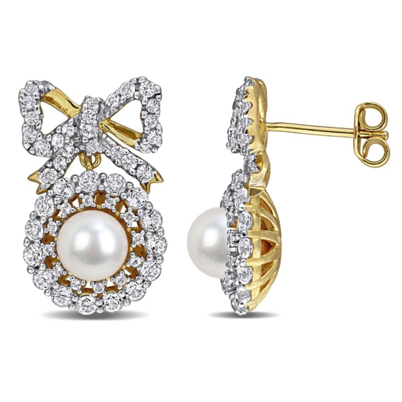 White Topaz & 6-6.5 mm White Freshwater Cultured Pearl Fashion Post Earrings in Yellow Plated Sterling Silver