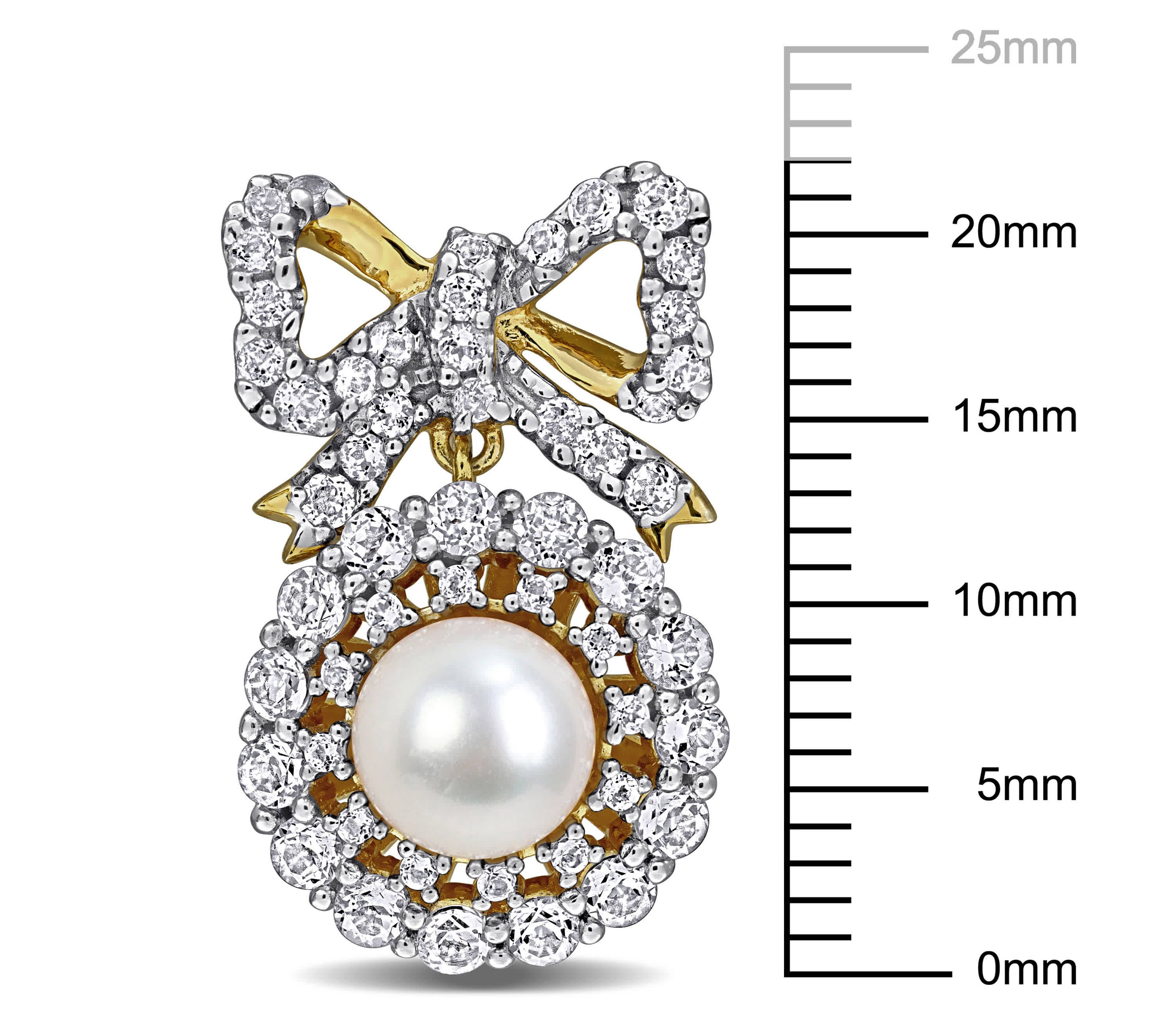 White Topaz & 6-6.5 mm White Freshwater Cultured Pearl Fashion Post Earrings in Yellow Plated Sterling Silver