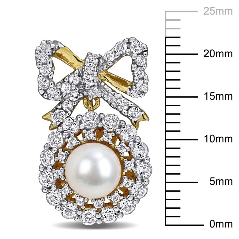 White Topaz & 6-6.5 mm White Freshwater Cultured Pearl Fashion Post Earrings in Yellow Plated Sterling Silver