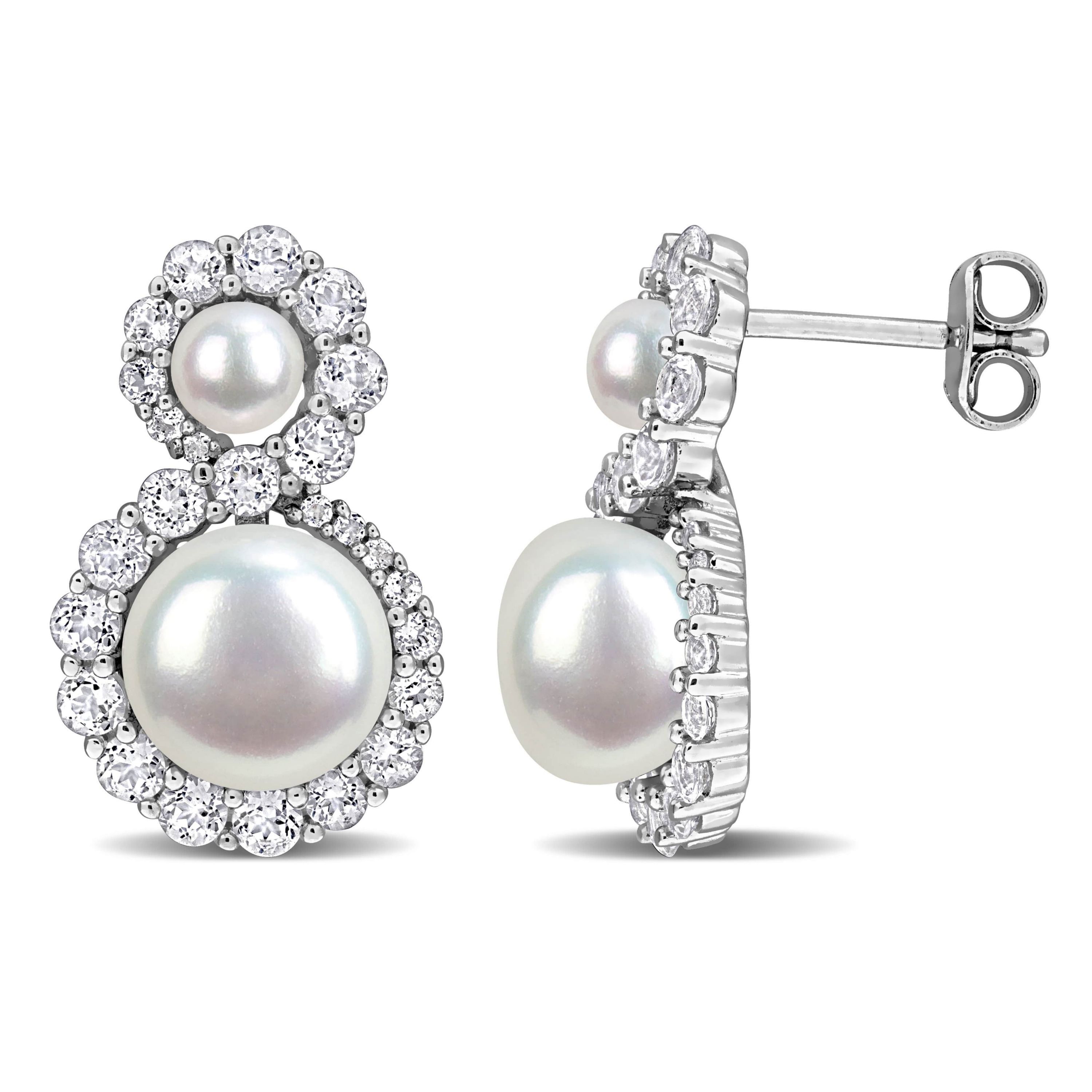 White Topaz & White Freshwater Cultured Pearl Fashion Post Earrings in Sterling Silver