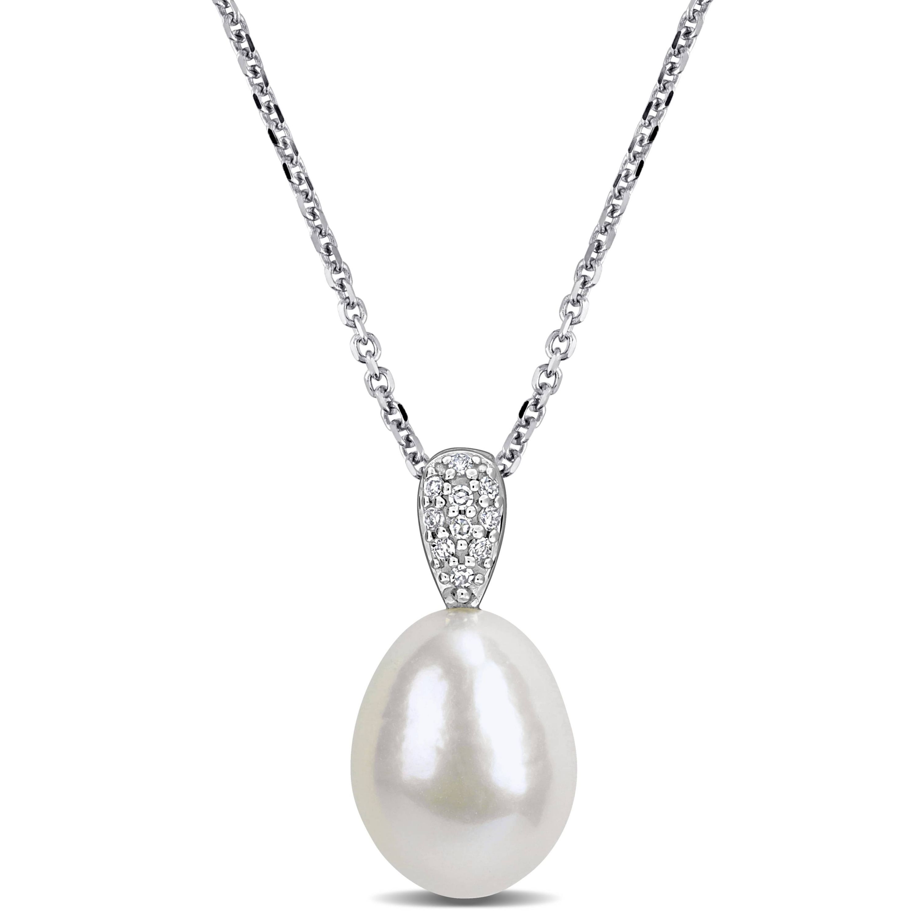 Diamond & 9-10mm Cultured Freshwater Pearl Necklace in 14k White Gold