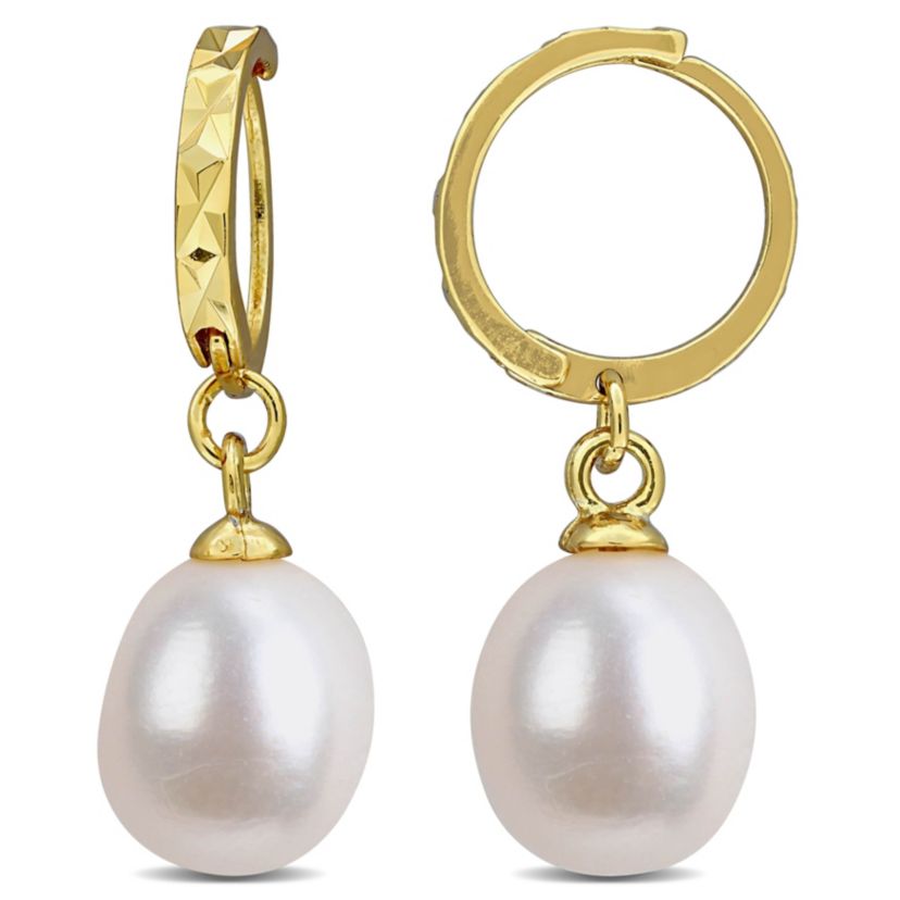 8-9 mm Freshwater Cultured Drop Pearl Huggie Earrings in Yellow Plated Sterling Silver