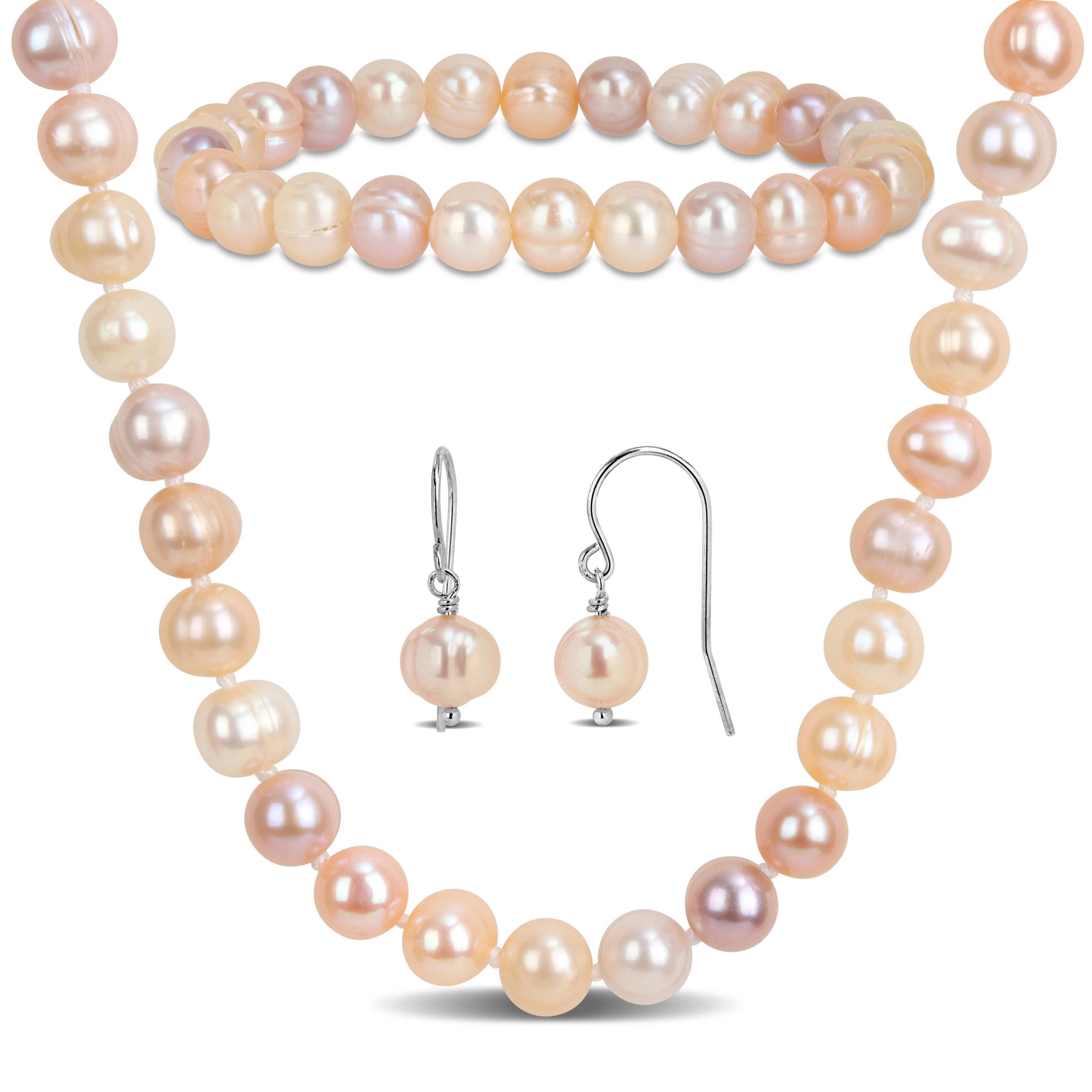 7-7.5 mm Multicolor Freshwater Cultured Pearl Necklace Bracelet & Hook Earrings Set in Sterling Silver