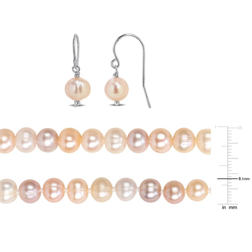7-7.5 mm Multicolor Freshwater Cultured Pearl Necklace Bracelet & Hook Earrings Set in Sterling Silver