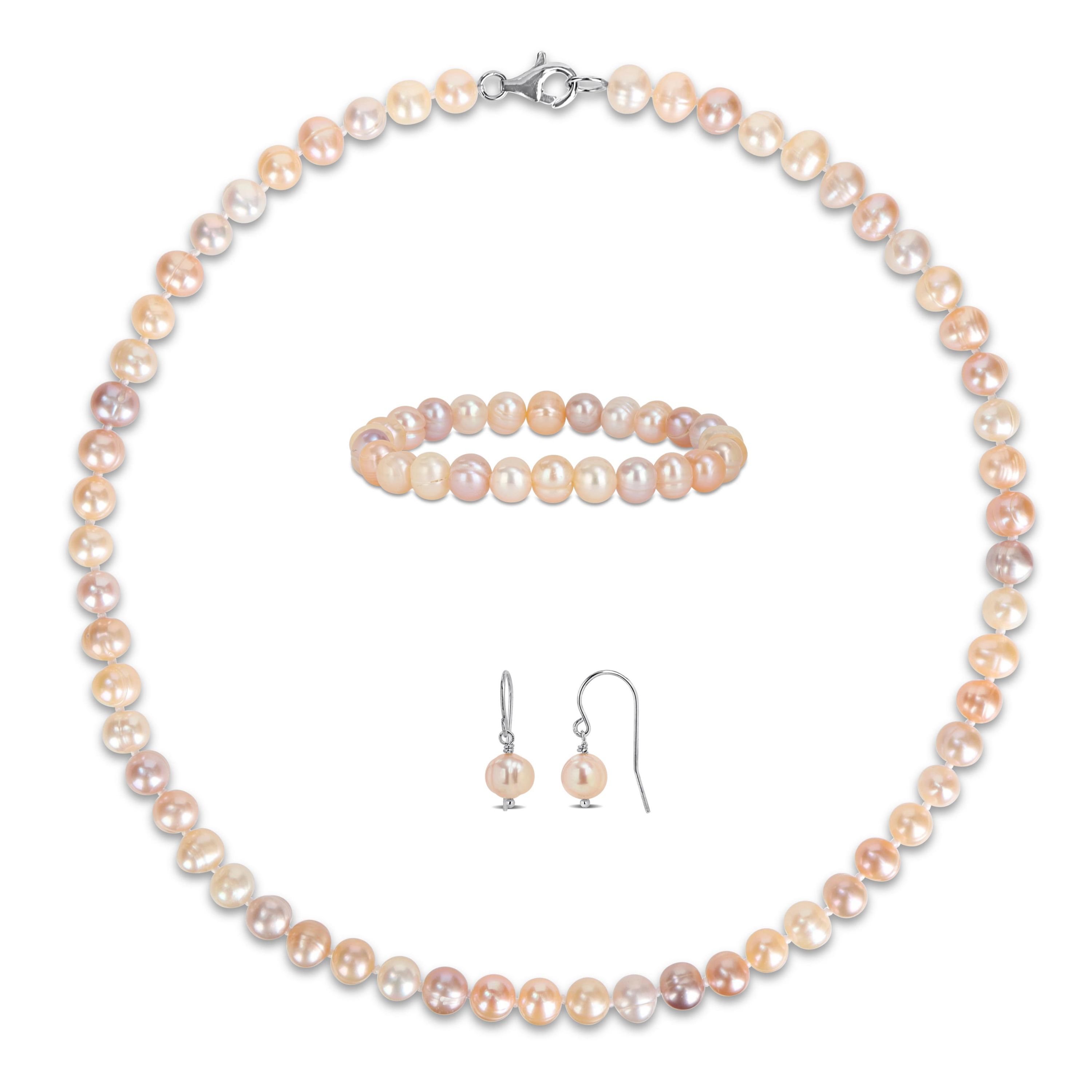 7-7.5 mm Multicolor Freshwater Cultured Pearl Necklace Bracelet & Hook Earrings Set in Sterling Silver