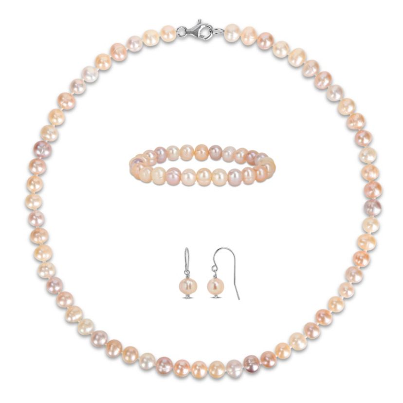 7-7.5 mm Multicolor Freshwater Cultured Pearl Necklace Bracelet & Hook Earrings Set in Sterling Silver