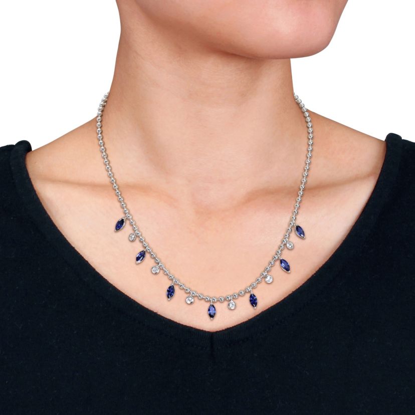 Lab Created Created Blue Sapphire & Created White Sapphire Charm Necklace in Sterling Silver