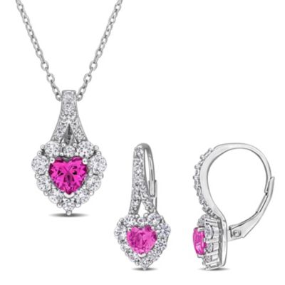 Belk & Co Lab Created Pink Sapphire & White Sapphire Halo Heart Leverback Earrings & Pendant Set in Sterling Silver