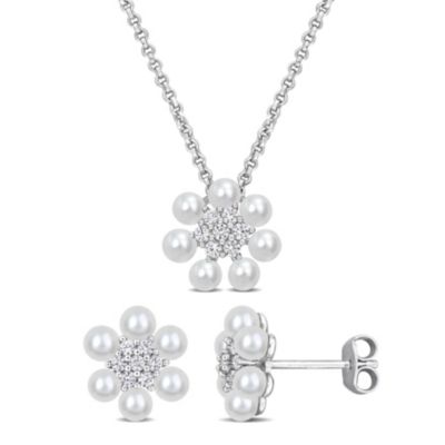 Belk & Co Lab Created White Sapphire & 3-3.5mm Cultured Freshwater Pearl Flower Cluster Stud Earrings & Pendant Set with Chain in Sterling Silver